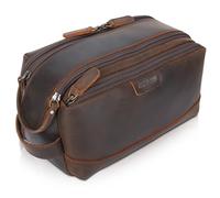 Polare Full Grain Leather Toiletry Bag for Men Large Travel Cosmetic Case Dopp Kit Shaving Kit Wash Pouch with YKK Zippers, Dark Brown, Retro