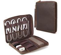Polare Full Grain Leather Travel Cable Organizer Case Electronics Accessories Carry Bag with YKK Zippers Tech Storage Bag for Cables, Power Bank, USB, SD Card, Travel Essentials, Dark Brown, L, Retro