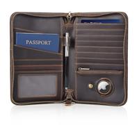 Polare Full Grain Leather Travel Passport Holder RFID Blocking Cover Case Travel Document Organizer Wallet Holders 2 Passports With YKK Zipper, Dark Brown with AirTag Slot, Vintage