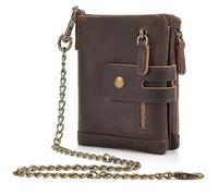 Polare Full Grain Leather Wallet with Chain RFID Blocking Travel Bifold Purse for Men Card Case with Anti-Theft Chain and 2 Zip Coin Pockets