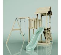 PolarPlay Balcony Tower Kids Wooden Climbing Frame - Swing Bjorn Sage in Natural PolarPlay Natural
