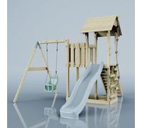 PolarPlay Balcony Tower Kids Wooden Climbing Frame - Swing Calder Mist in Natural PolarPlay Natural