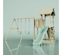 PolarPlay Balcony Tower Kids Wooden Climbing Frame - Swing Elof Sage in Natural PolarPlay Natural