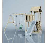 PolarPlay Balcony Tower Kids Wooden Climbing Frame - Swing Hagen Mist in Natural PolarPlay Natural