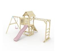 Polarplay Climbing Frame With Extended Tower, Single Swing, Monkey Bars And Slide - Stroemsund Dusky Pink