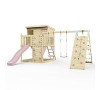 Polarplay Climbing Platform And Playhouse With Double Swing, Climbing Wall And Slide - Aksel Dusky Pink