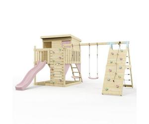 Polarplay Climbing Platform And Playhouse With Double Swing, Climbing Wall And Slide - Aksel Dusky Pink