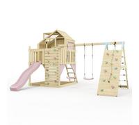 Polarplay Climbing Platform And Playhouse With Double Swing, Climbing Wall And Slide - Oscar Dusky Pink