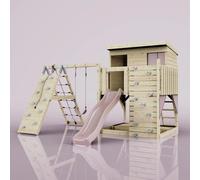 Polarplay Climbing Platform And Playhouse With Single Swing And Climbing Wall - Emil Dusky Pink