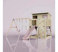 Polarplay Garden Climbing Platform And Playhouse With Double Swing For Kids - Nils With Trapeze Dusky Pink