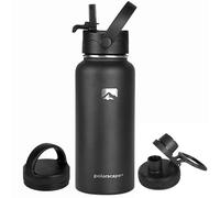 Polarscape Stainless Steel Insulated Water Bottle with Straw - Metal Water Bottle, Includes 3 Lids, 2 Straws, and Straw Brush - Wide Mouth, Double-Walled, BPA Free, Leak Proof - 1L Black