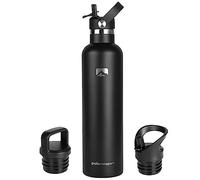 Polarscape Stainless Steel Large Water Bottle with Straw - Large Flask, Includes 3 Lids, 2 Straws, and Straw Brush - Insulated, Narrow Mouth, Double-Walled, BPA Free, Leak Proof - 1L Black