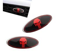 Polcatay 2 PCS Front Grille Emblem, Punisher Skull Decoration Central Mesh Cover Label, Metal + ABS Base Anti-Rust Anti-Fading Rear Tailgate Badge, Compatible with Ford F150 F250 F350 (Black & Red)