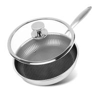 Polegas Stainless Steel Frying Pan with Lid, 28 CM Non Stick Wok with Honeycomb Structure, Pan for Induction, Electric, Gas and Ceramic Hobs