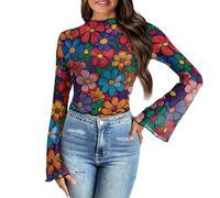 POLERO 70s Tops for Women Retro Hippie Floral Print Mesh Top Bell Long Sleeve Lettuce Trim Crop Shirts Sheer Mock Neck Blouse for Homecoming Casual Going Out Size M