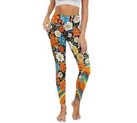 POLERO 70s Women's Leggings Hippie Activewear Floral Workout Leggings with Pockets Retro Yoga Gym Fitness Tummy Control Size M