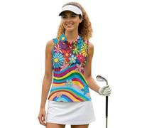 POLERO Athletic Shirts Women Sleeveless Golf Shirts Collared Racerback Tennis Workout Tank Tops, Hippie Flowers Rainbow Waves, M