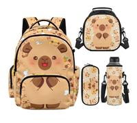 POLERO Backpack for Boys Age 6-14 Bookbag with Lunch Box 4pcs Elementary Middle School Bag for Girls, Capybara Duck, L, Kids Backpack Set
