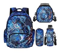 POLERO Backpack for Boys Age 6-14 Bookbag with Lunch Box 4pcs Elementary Middle School Bag for Girls, Bass Fish, L, Kids Backpack Set