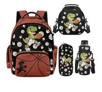 POLERO Backpack for Boys Age 6-14 Bookbag with Lunch Box 4pcs Elementary Middle School Bag for Girls, Dino Basketball, L, Kids Backpack Set
