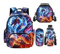 POLERO Backpack for Boys Age 6-14 Bookbag with Lunch Box 4pcs Elementary Middle School Bag for Girls, Dragon Castle, L, Kids Backpack Set