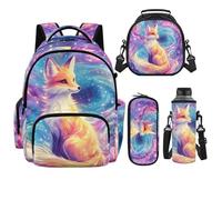 POLERO Backpack for Boys Age 6-14 Bookbag with Lunch Box 4pcs Elementary Middle School Bag for Girls, Fox Galaxy, L, Kids Backpack Set