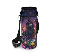 POLERO Black Cat Water Bottle Pouch for Girls Floral Water Bottle Holder with Strap Neoprene Sleeve Carrier for Walking