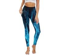 POLERO Blue Fire Print Leggings for Women High Waist Yoga Pants Activewear Flame Leggings Butt Lifting Tummy Control Athletic Pants Size S