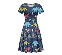 POLERO Cartoon Dinosaur Dress for Teacher Dino Lovers Womens Short Sleeve Casual Dress Midi Swing Sundress Size S