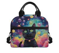 POLERO Cat Lunch Bag Kids Girls Back to School Thermal Lunch Box with Shoulder Strap Cute Galaxy Cooler Bag for Picnic