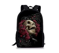 POLERO Children School Backpack Red Rose Skull School Bag Skeleton Floral Rucksack with Side Pocket Dead Head Flower Day Pack for Kids Boys Girls Women Men Gift