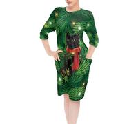 POLERO Christmas Holly Black Cat Nightdress Womens Long Sleeve Sleep Dress with Pockets Festive Printed Xmas Pj Dresses Size 2XL