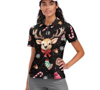 POLERO Cute Elk Christmas Golf Shirts for Women Short Sleeve Lightweight Golf Top Pullover Outfits Athletic Tennis Shirt for Party Size M