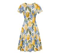 POLERO Floral Lemon Dress for Women Vintage Summer Dress Short Sleeve Midi Sundress for Casual Party Size L