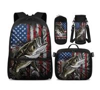 POLERO Girls Backpack with Lunch Box for Elementary: 17" Lightweight Bookbag Set - Reduce Shoulder Pressure for School, Bass Fish Usa Flag, M, Kids Backpack Set