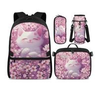 POLERO Girls Backpack with Lunch Box for Elementary: 17" Lightweight Bookbag Set - Reduce Shoulder Pressure for School, Cat Cherry Blossom, M, Kids Backpack Set