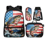 POLERO Girls Backpack with Lunch Box for Elementary: 17" Lightweight Bookbag Set - Reduce Shoulder Pressure for School, Bass Fish American Flag, M, Kids Backpack Set