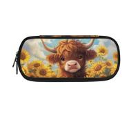 POLERO Highland Cow Pencil Case for Girls Cute Pencil Holder Sunflower Pen Pouch with Compartments for School