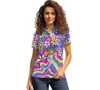POLERO Hippie Athletic Shirts Women Short Sleeve Golf Shirts 70S Collared Tennis Tops Retro Casual Outfits, Hippie Flowers Waves, M