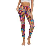 POLERO Hippie Women Activewear Workout Leggings with Pockets 70s Floral Yoga Leggings Butt Lift Retro Gym Clothes Size XS