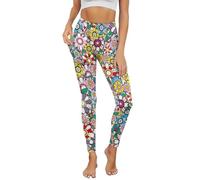POLERO Hippie Women's Leggings Floral Activewear 70s Workout Leggings with Pockets Retro Yoga Pants High Waist Size M