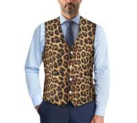 POLERO Men's Leopard Suit Vest V Neck Button Dress Vests Brown Cheetah Animal Print Business Wedding Formal Waistcoat Vests Size 3XL