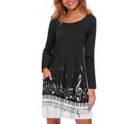 POLERO Music Dress for Women Musican Teacher Pianist Piano Dress Musical Note Dress Long Sleeve Black and White Midi Dresses, XL