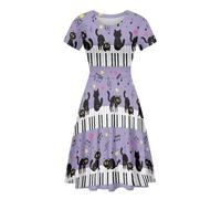 POLERO Music Note Piano Dress for Music Lovers Teachers with Black Cat Print Cute Womens Summer Short Sleeve Sundress Size M