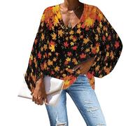 POLERO Musical Note Fall Maple Chiffon Blouse for Thanksgiving Women Lantern Long Sleeve Tops Festival Party Blouse Shirts Size 4XL