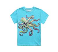 POLERO Ocean Octopus T-Shirt for Kids Boys Girls Blue Print Tee Shirt Short Sleeves Casual Pullover Tops, 3-4 Years