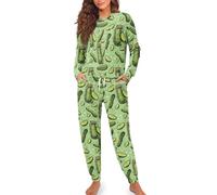 POLERO Pickle Cucumber Pajamas for Women Funny Sleepwear Long Sleeve Tops with Pants Ladies Pjs Set 2 Piece Soft Nightwear Lounge Set Size M