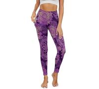 POLERO Purple Boho Women's Leggings Activewear Workout Leggings with Pockets Retro Mandala Floral Yoga Pants Size S