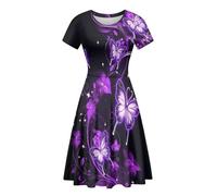 POLERO Purple Butterfly Summer Dresses Womens Midi Dress Casual Short Sleeve Skater Sundress Aesthetic Floral Outfits Size XL