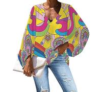POLERO Retro Women's Chiffon Blouses Groovy Hippie Flower Blouse Tops Swirl Wave 70s Chiffon Shirts for Party Going Out Work Size 2XL